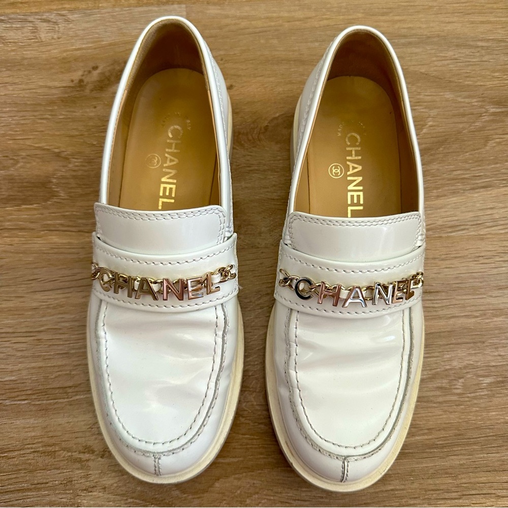 Chanel Bonnie and Clyde White Patent Loafers